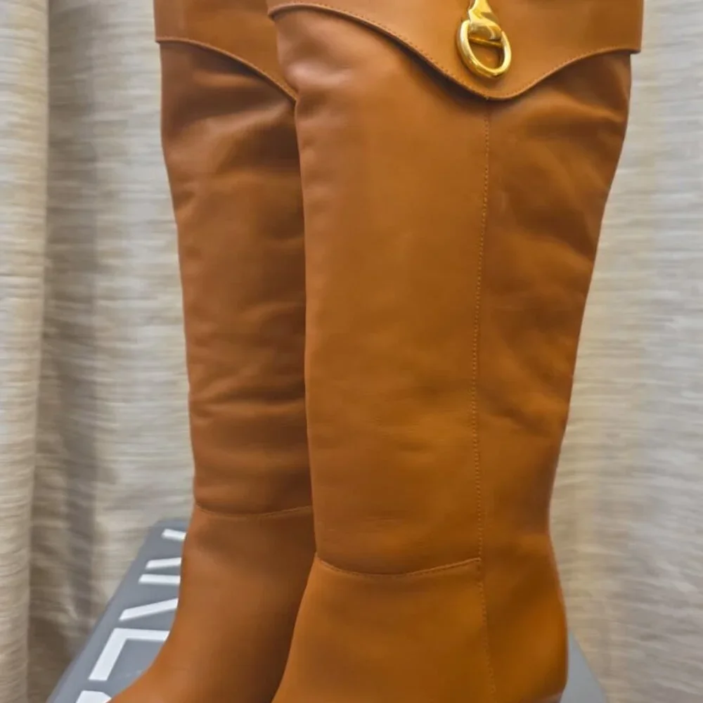 Arezzo Women's Vivian Leather Mid-Block Knee High Boots Caramel - Picture 3 of 4